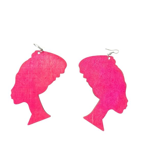 Queen Nefertiti African Silhouette Pink Wooden Earrings Headwrap Design - Picture 3 of 5